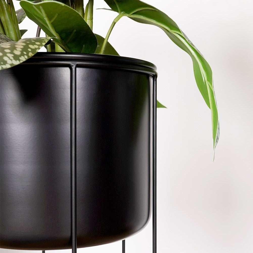 Black metal pot on stand for stylish plant display