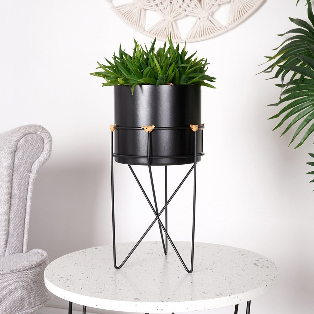 Black metal pot with stand for stylish plant display