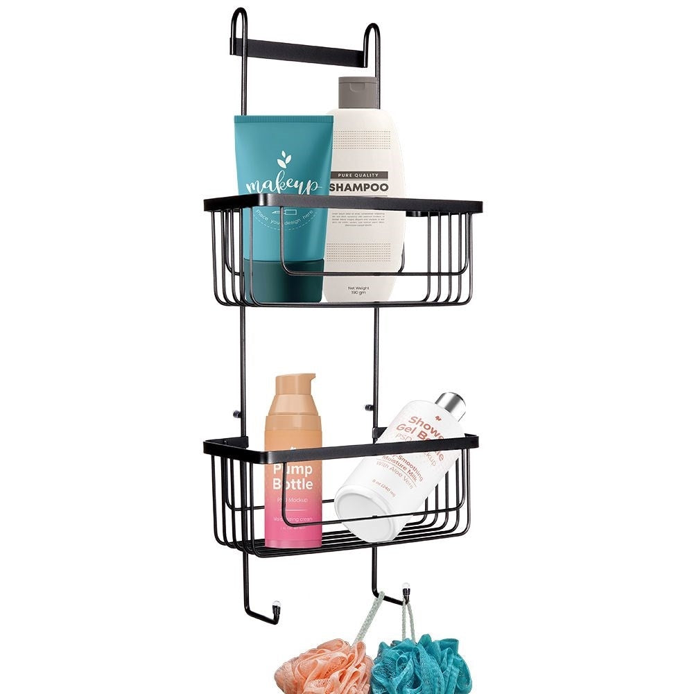 Black metal shelf for bathroom, hangs on shower wall