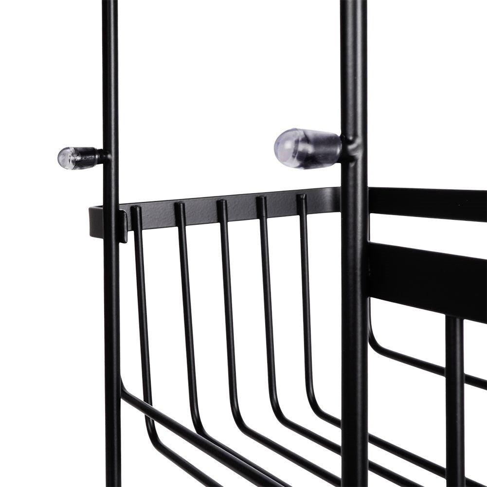 Black metal shelf for bathroom, hangs on shower wall