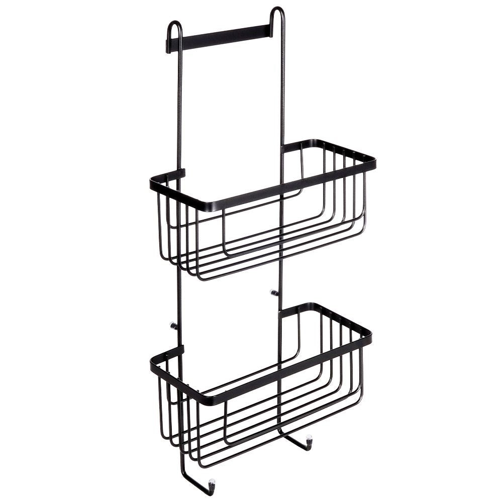 Black metal shelf for bathroom, hangs on shower wall