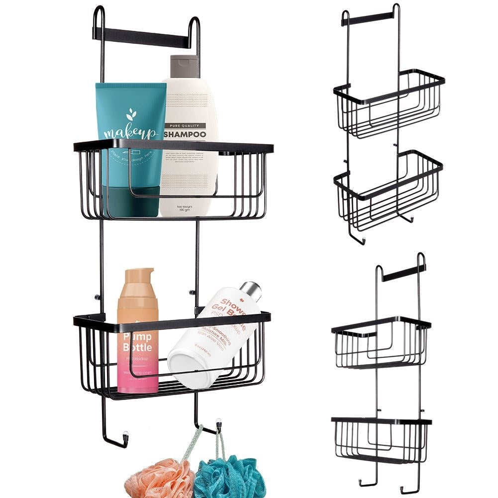 Black metal shelf for bathroom, hangs on shower wall