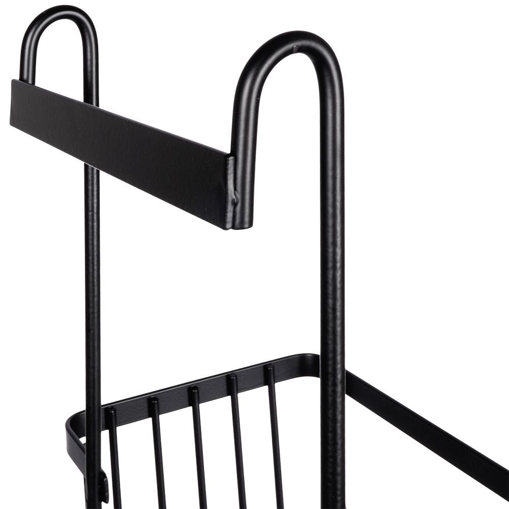 Black metal shelf for bathroom, hangs on shower wall