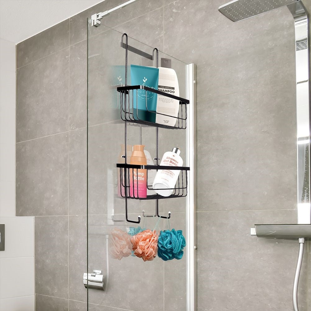 Black metal shelf for bathroom, hangs on shower wall