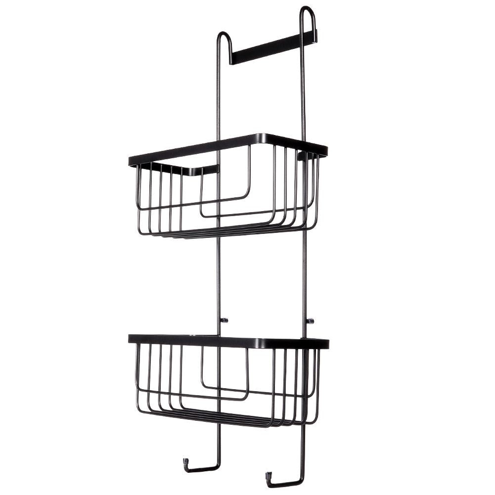 Black metal shelf for bathroom, hangs on shower wall
