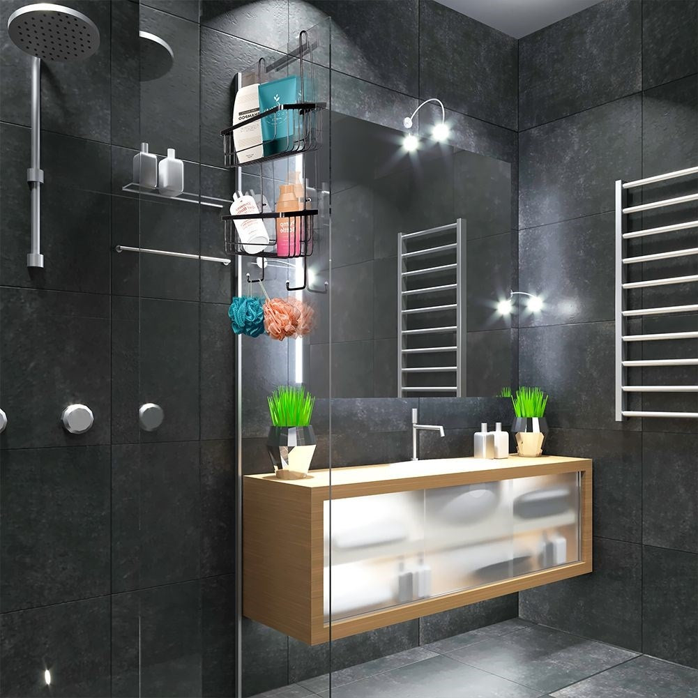 Black metal shelf for bathroom, hangs on shower wall