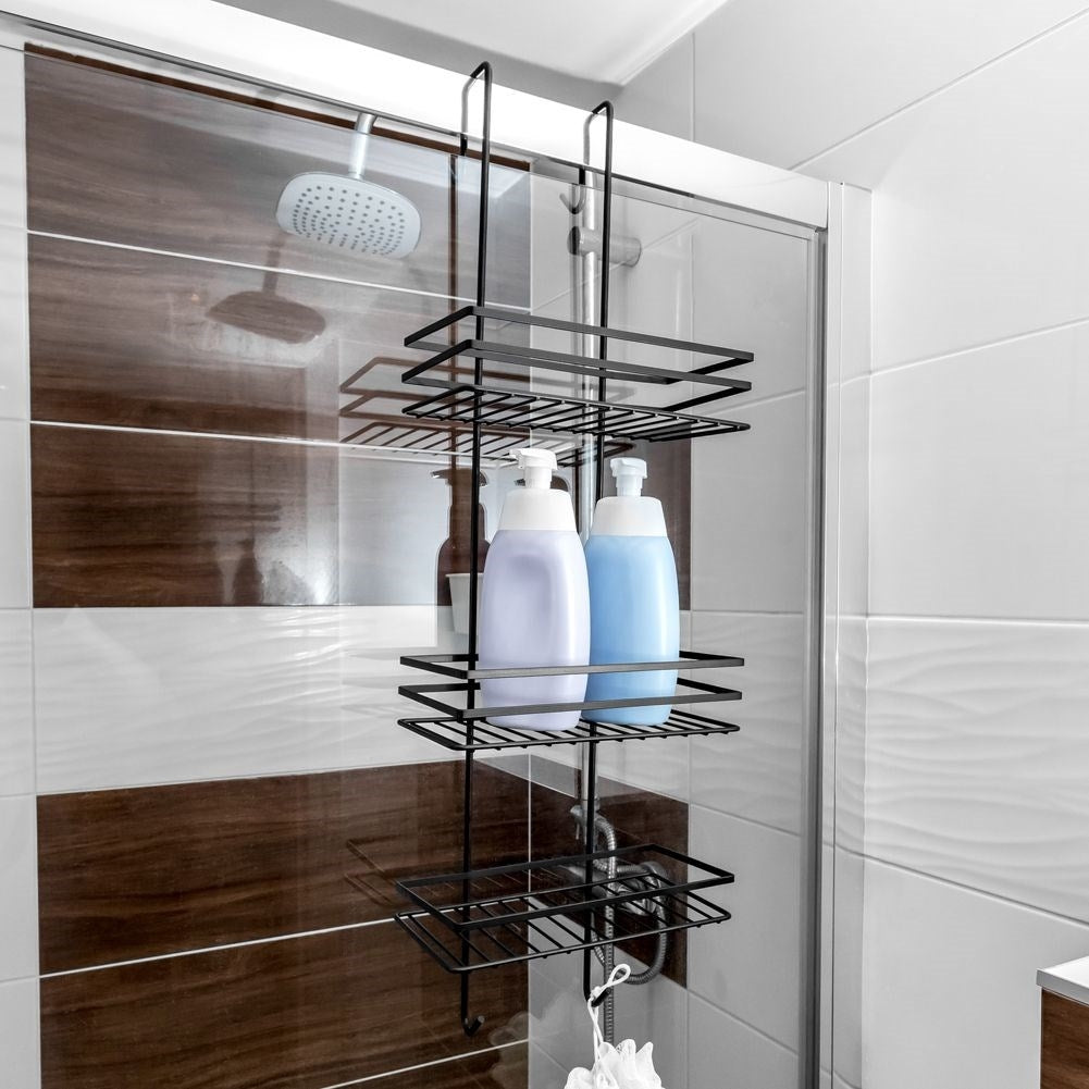 Black metal shelf for the shower cubicle, perfect for cosmetics