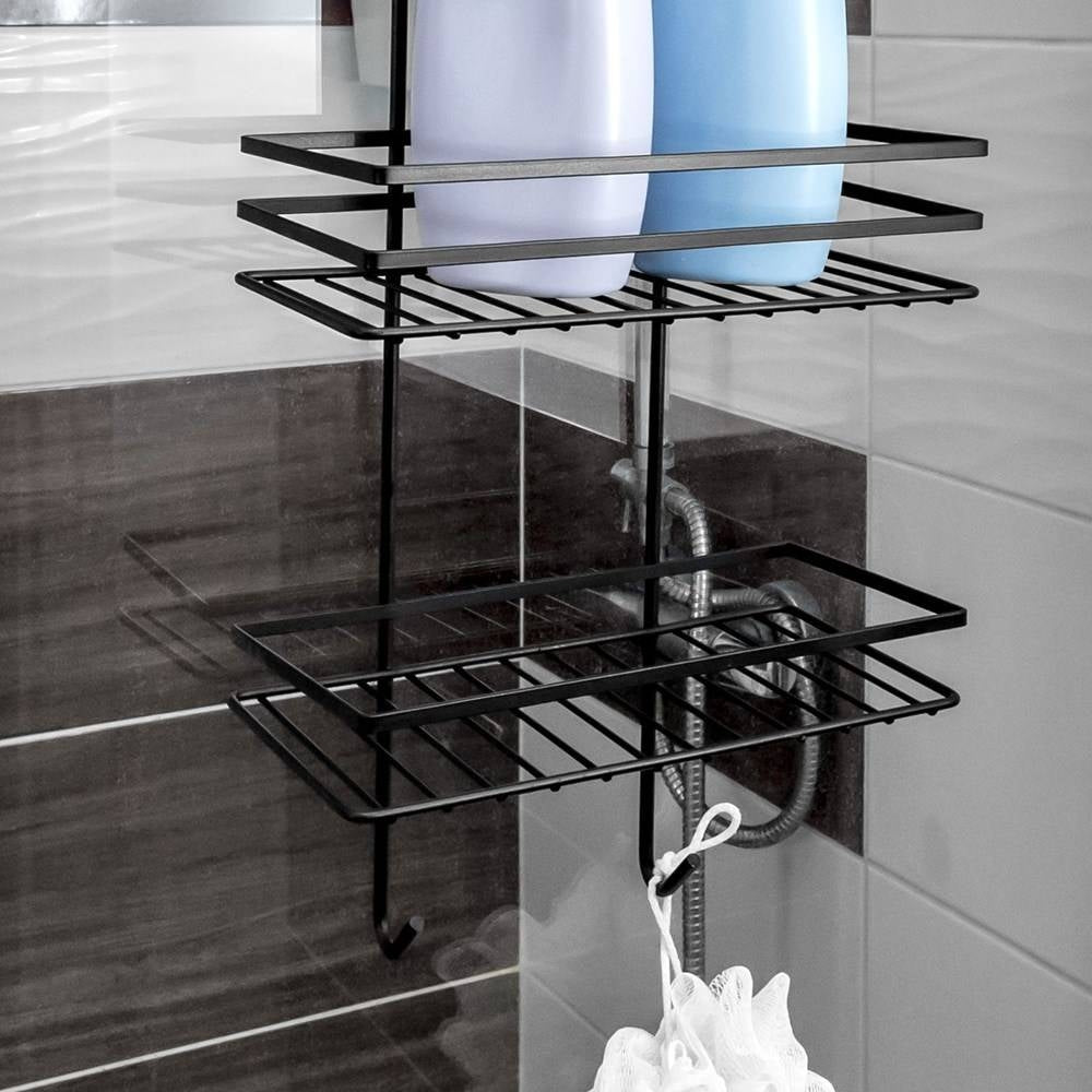 Black metal shelf for the shower cubicle, perfect for cosmetics