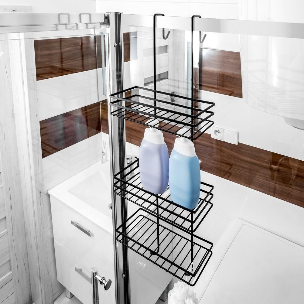 Black metal shelf for the shower cubicle, perfect for cosmetics