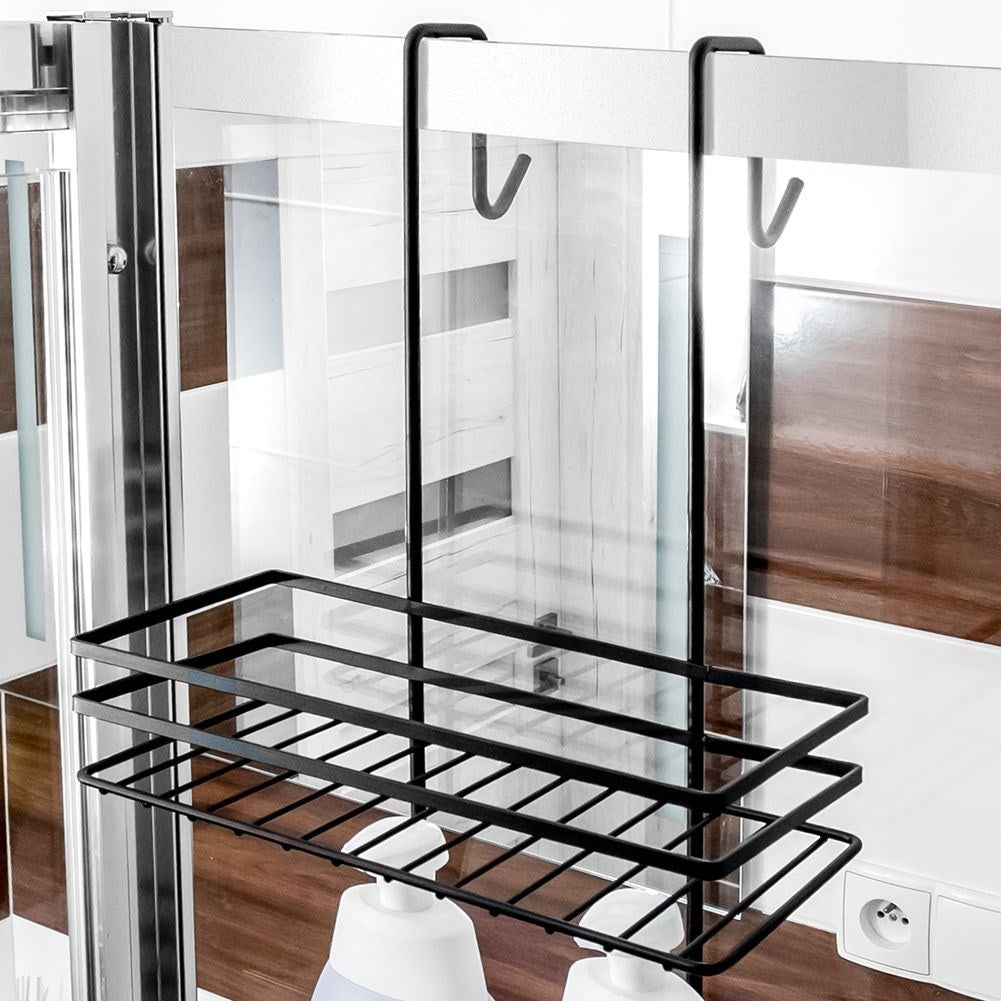 Black metal shelf for the shower cubicle, perfect for cosmetics