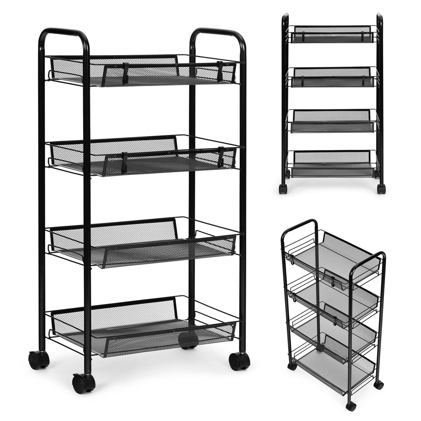 Black metal shelf organizer helper for kitchen or bathroom, 4 shelves with wheels, ModernHome