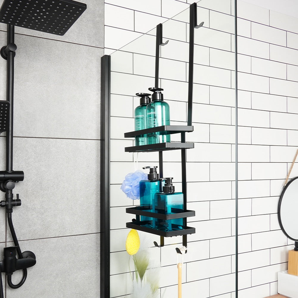 Black metal shower shelf, hanging, 23x10.5x75 cm