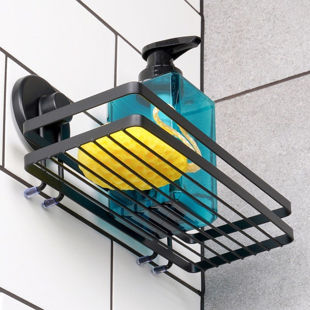 Black metal shower shelf with suction cups 25x10x8.5 cm