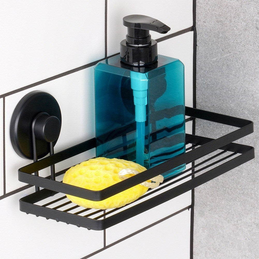 Black metal shower shelf with suction cups 25x10x8.5 cm