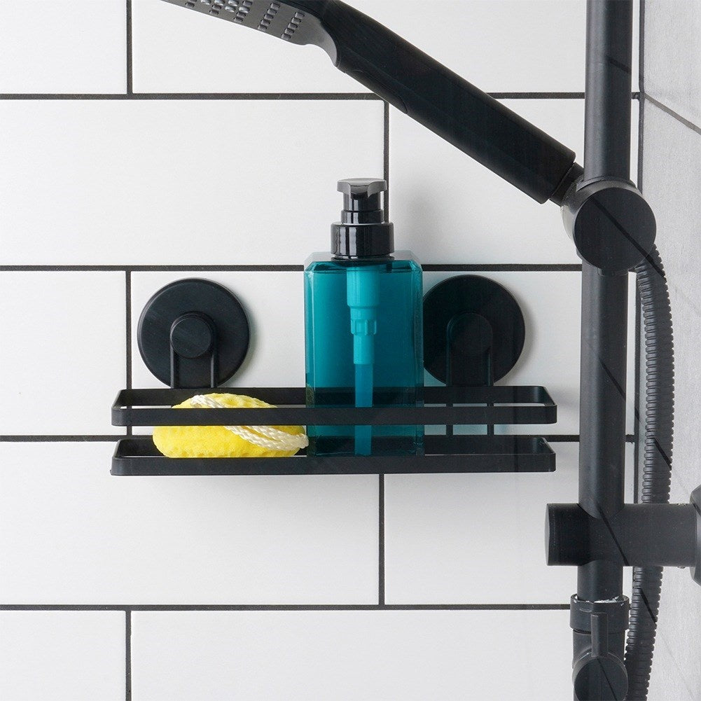Black metal shower shelf with suction cups 25x10x8.5 cm