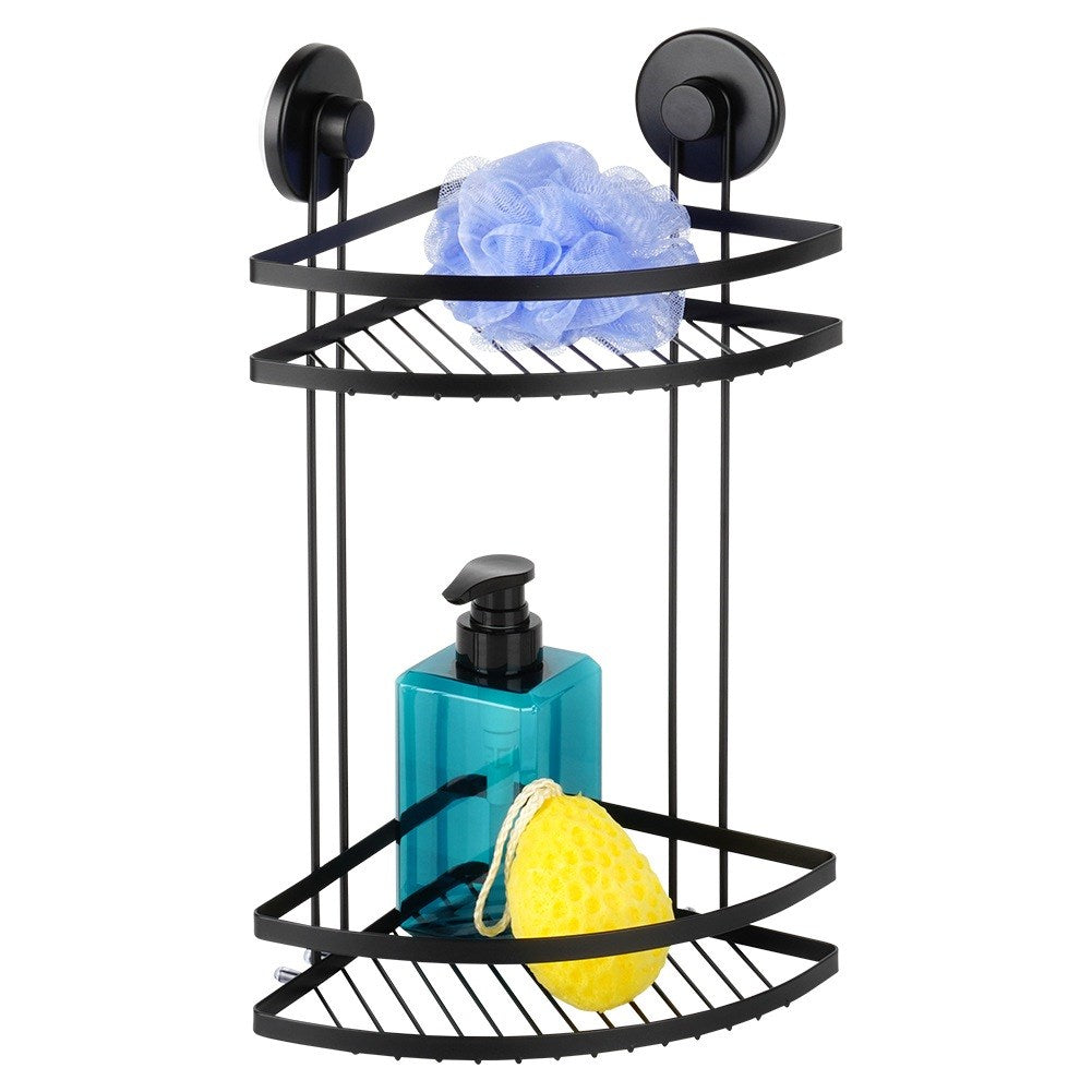Black metal shower shelf with suction cups, corner, 2-level, 24x18x38 cm