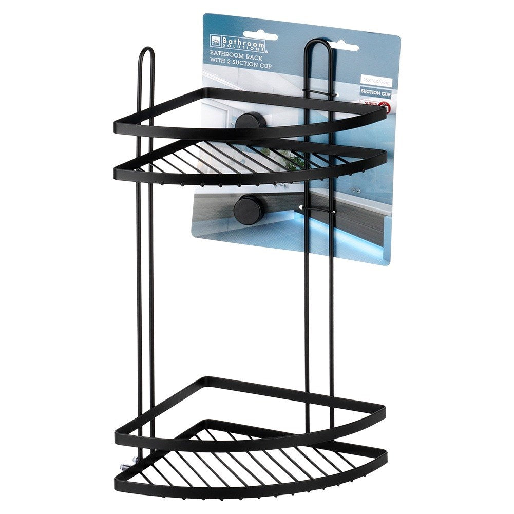Black metal shower shelf with suction cups, corner, 2-level, 24x18x38 cm