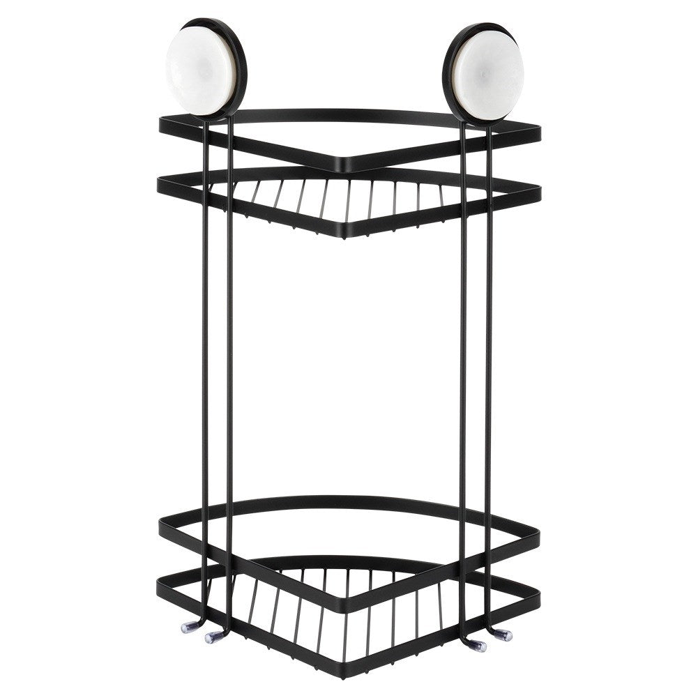Black metal shower shelf with suction cups, corner, 2-level, 24x18x38 cm