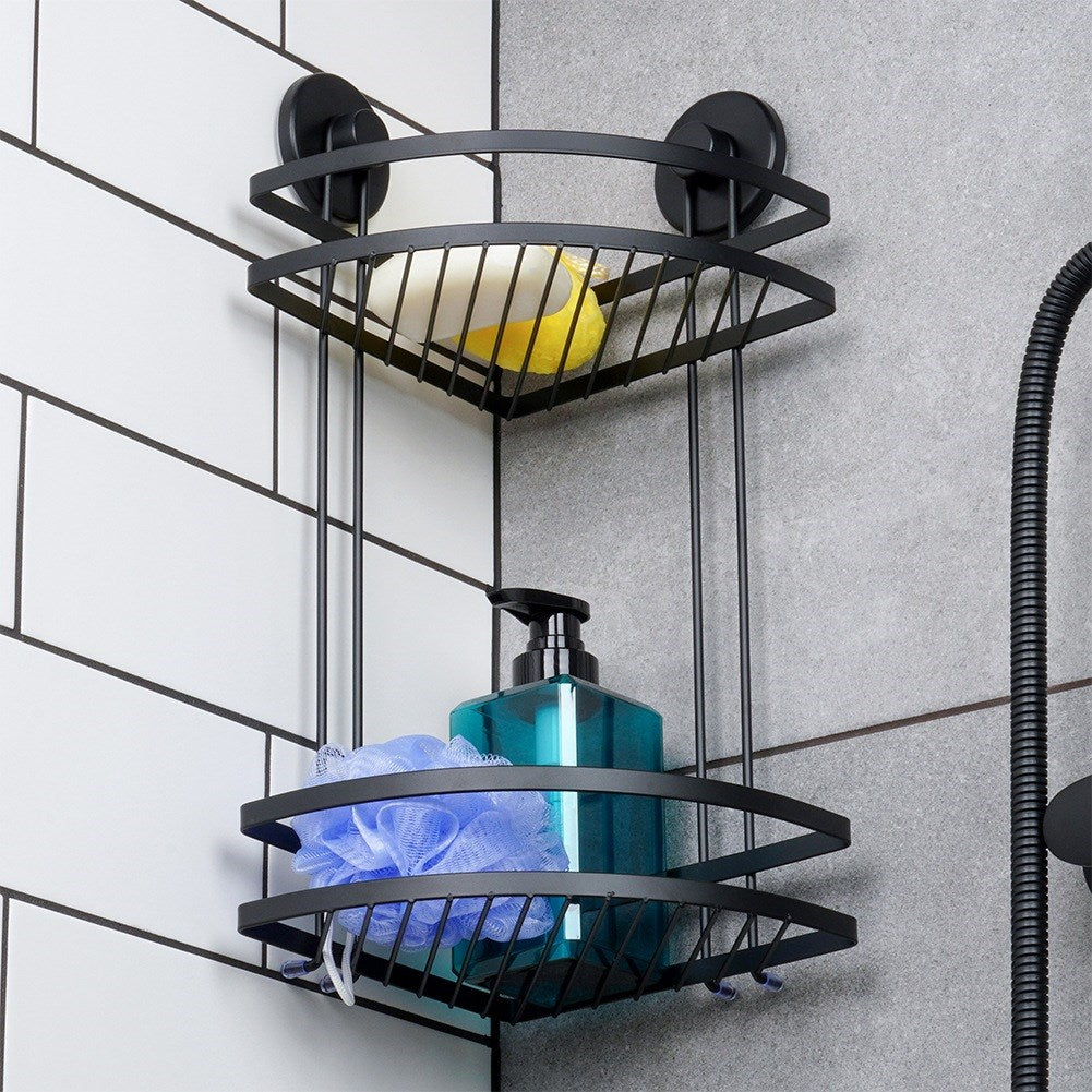 Black metal shower shelf with suction cups, corner, 2-level, 24x18x38 cm