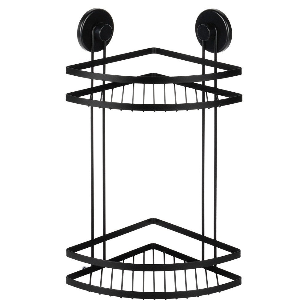 Black metal shower shelf with suction cups, corner, 2-level, 24x18x38 cm