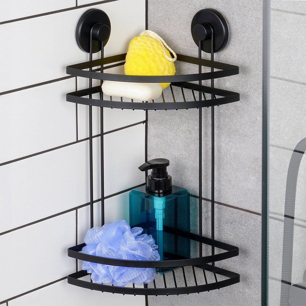 Black metal shower shelf with suction cups, corner, 2-level, 24x18x38 cm