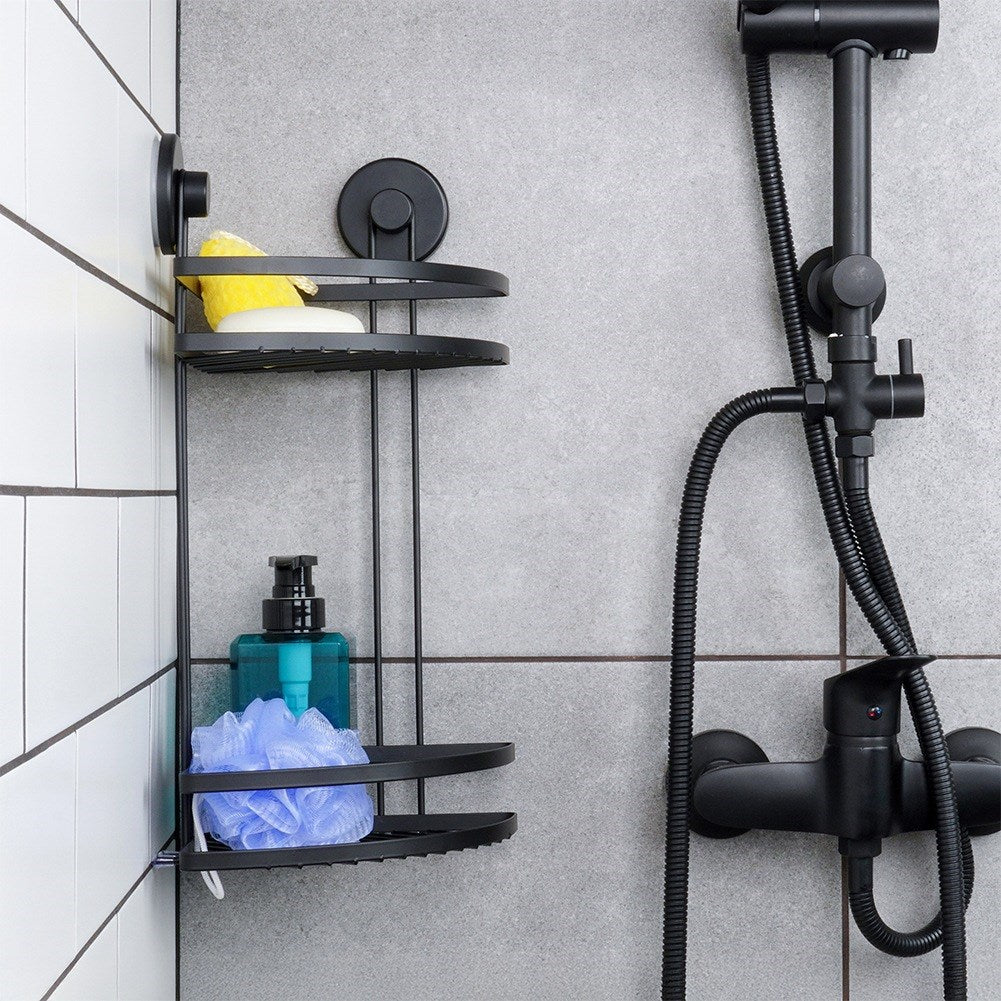 Black metal shower shelf with suction cups, corner, 2-level, 24x18x38 cm
