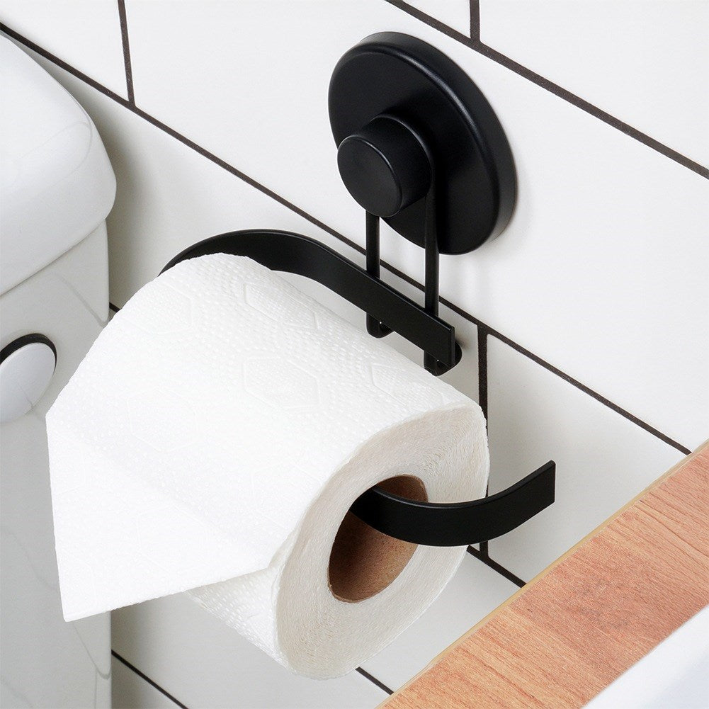 Black metal toilet paper holder with suction cup