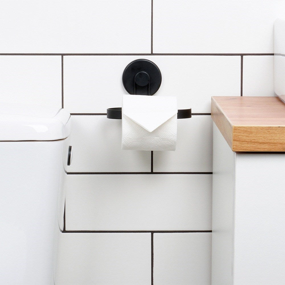 Black metal toilet paper holder with suction cup