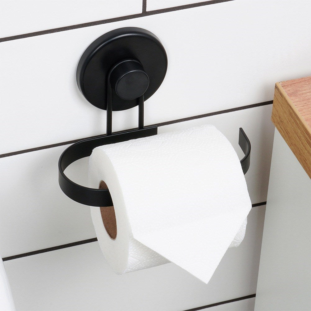 Black metal toilet paper holder with suction cup
