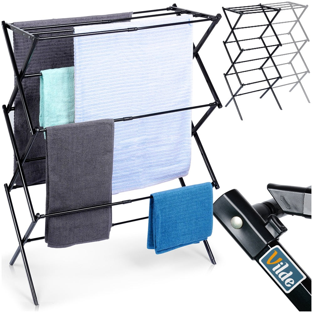 Black metal vertical extendable laundry rack 44.5-75x37.5x105 cm