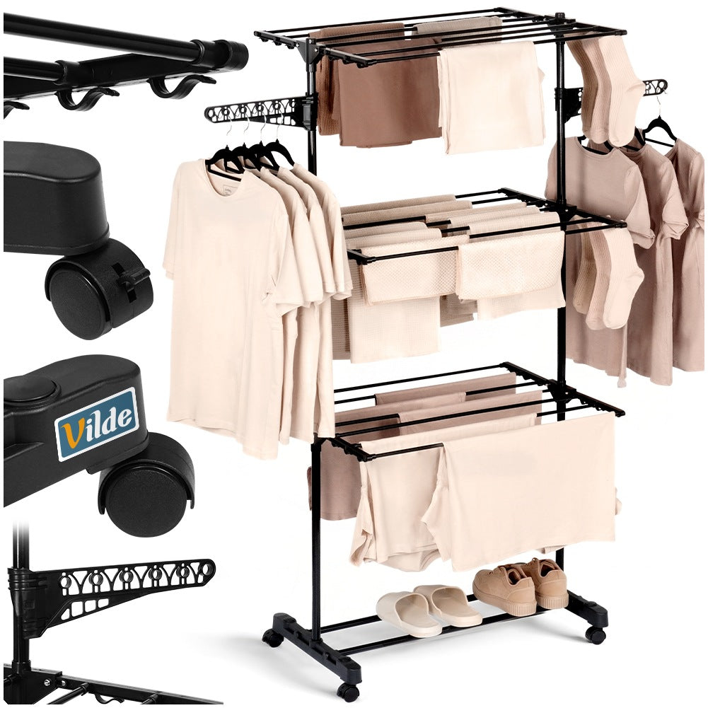 Black metal vertical laundry dryer on wheels 74x85x165 cm