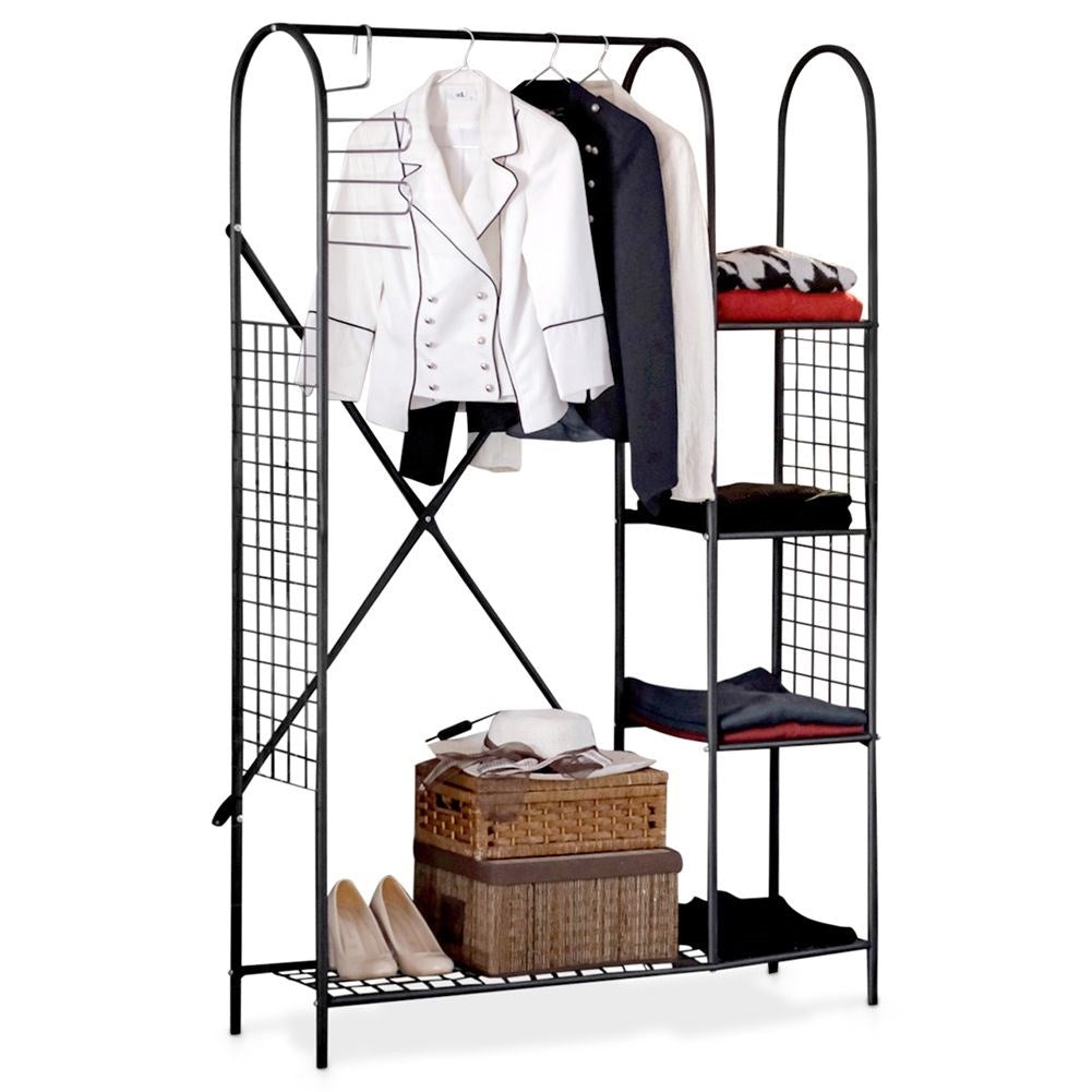 Black metal wardrobe with clothes hanger and four shelves
