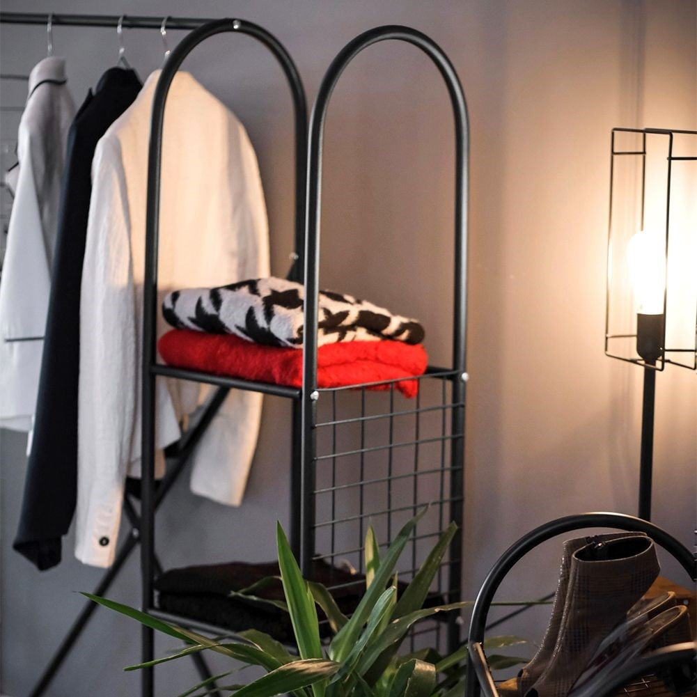 Black metal wardrobe with clothes hanger and four shelves