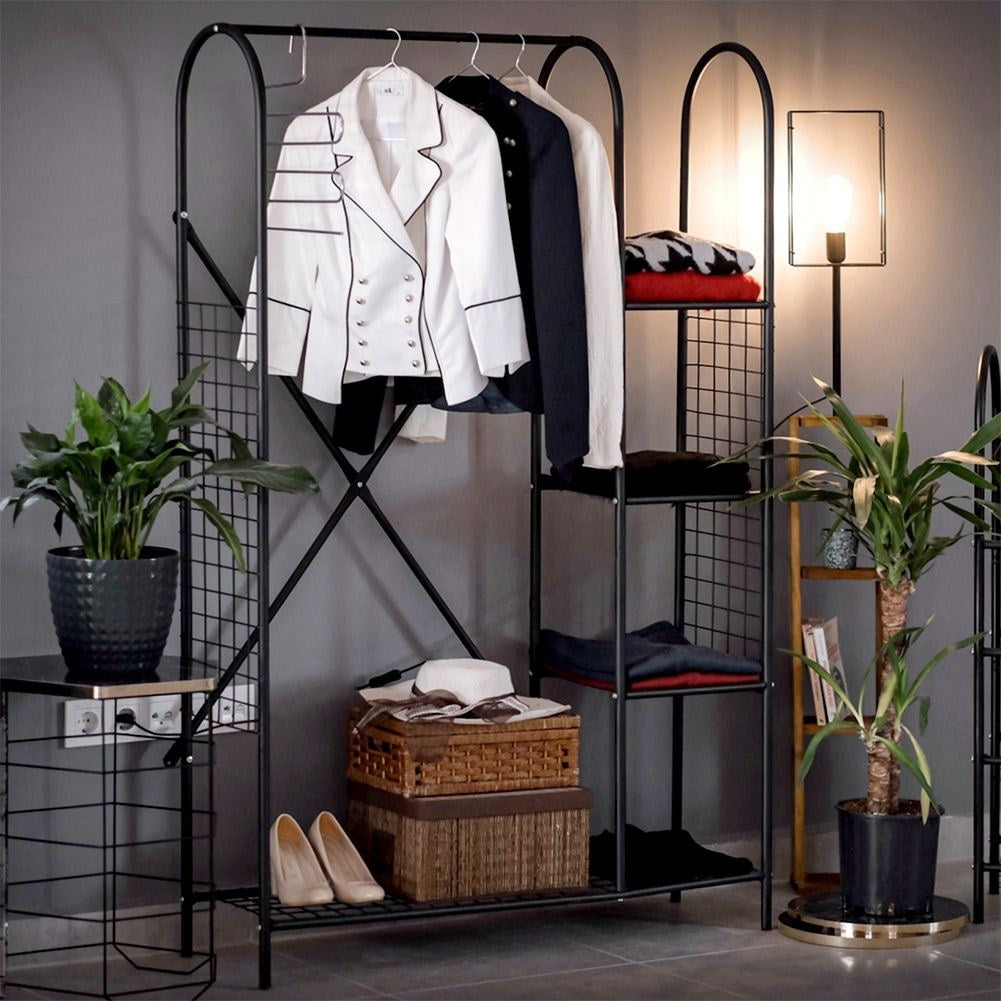 Black metal wardrobe with clothes hanger and four shelves