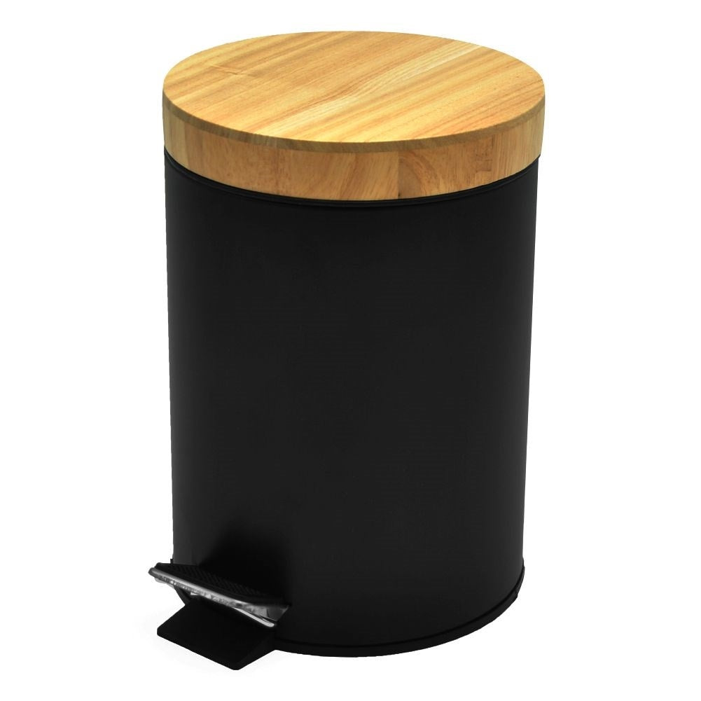 Black metal wastebasket with bamboo lid and pedal opening