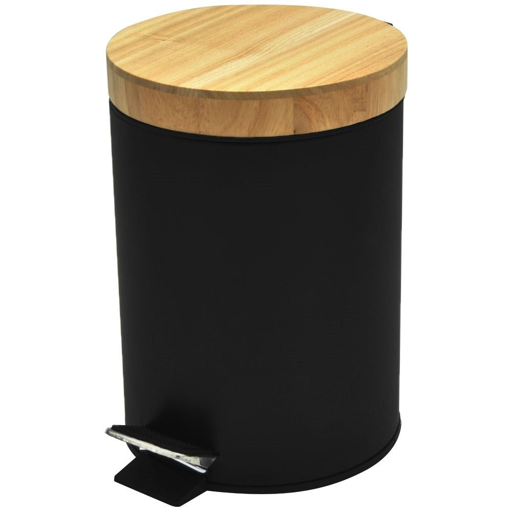 Black metal wastebasket with bamboo lid and pedal opening