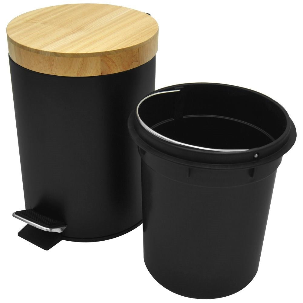 Black metal wastebasket with bamboo lid and pedal opening