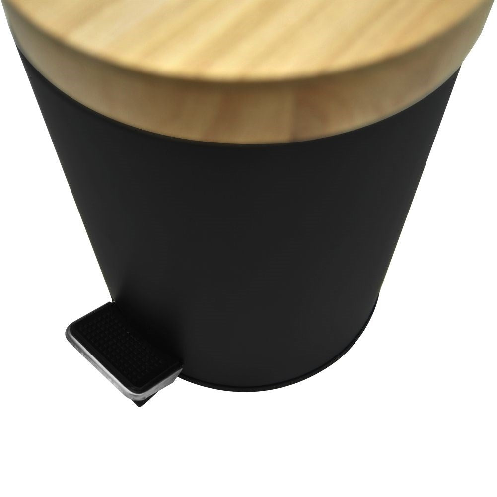 Black metal wastebasket with bamboo lid and pedal opening