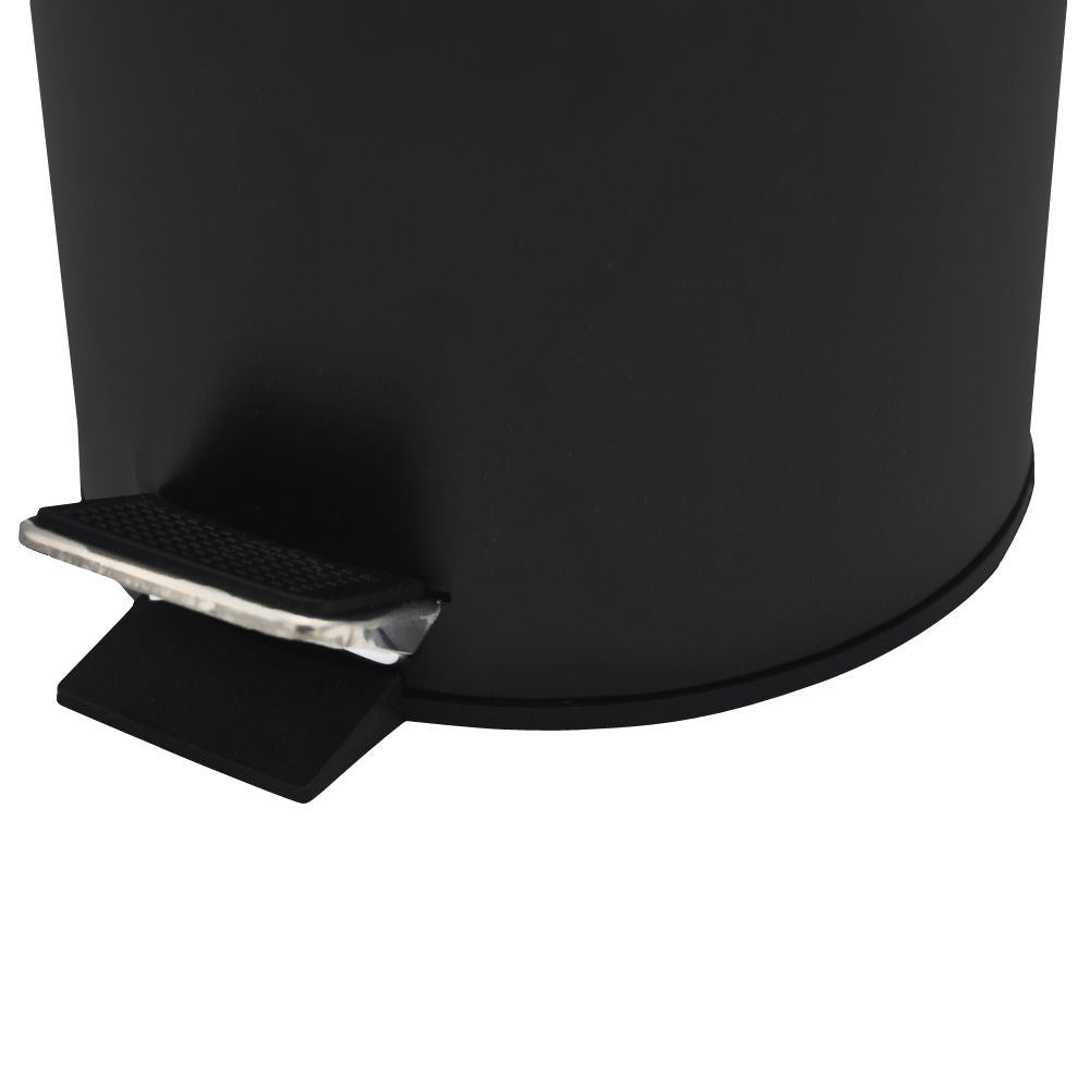 Black metal wastebasket with bamboo lid and pedal opening