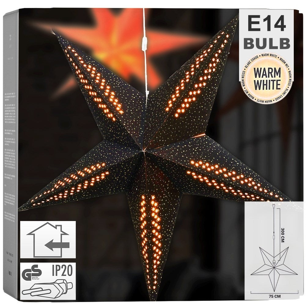 Black paper star with lighting and silver glitter