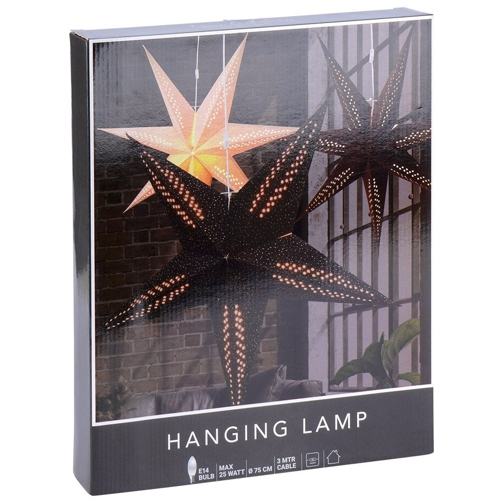 Black paper star with lighting and silver glitter