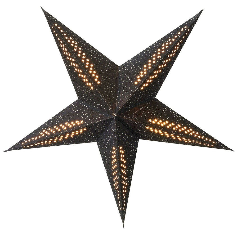 Black paper star with lighting and silver glitter