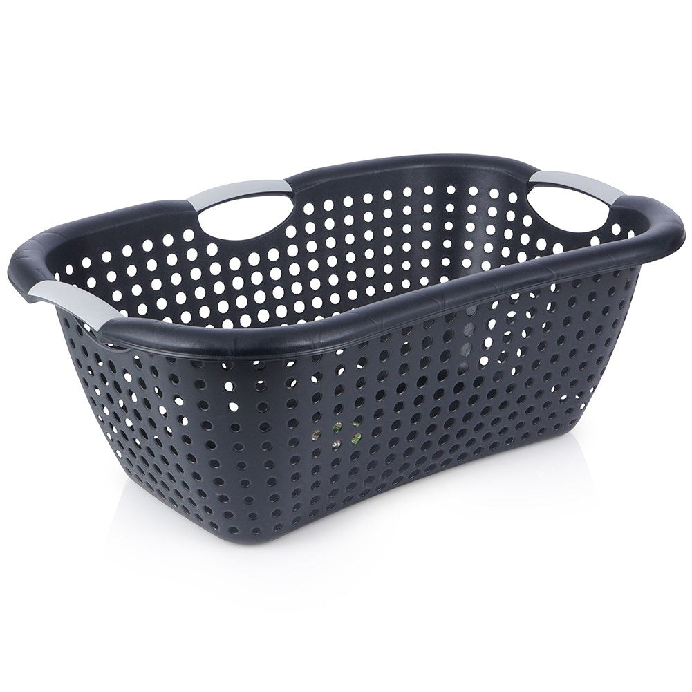 Black perforated laundry basket in light and durable plastic