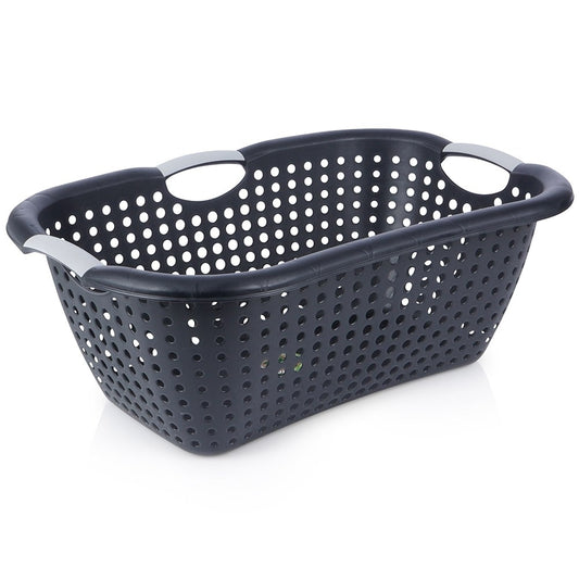 Black perforated laundry basket in light and durable plastic