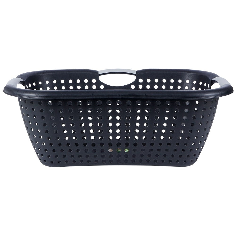 Black perforated laundry basket in light and durable plastic