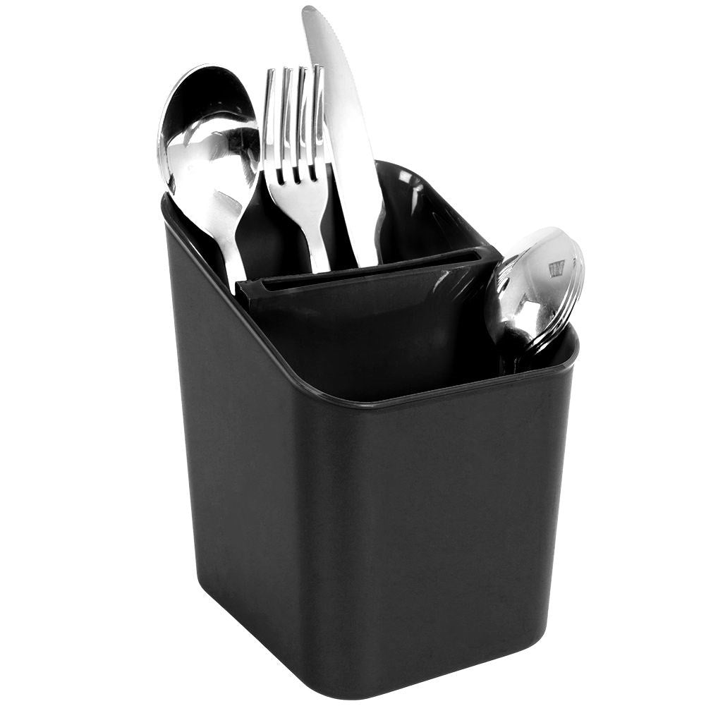 Black plastic container with two compartments for cutlery storage