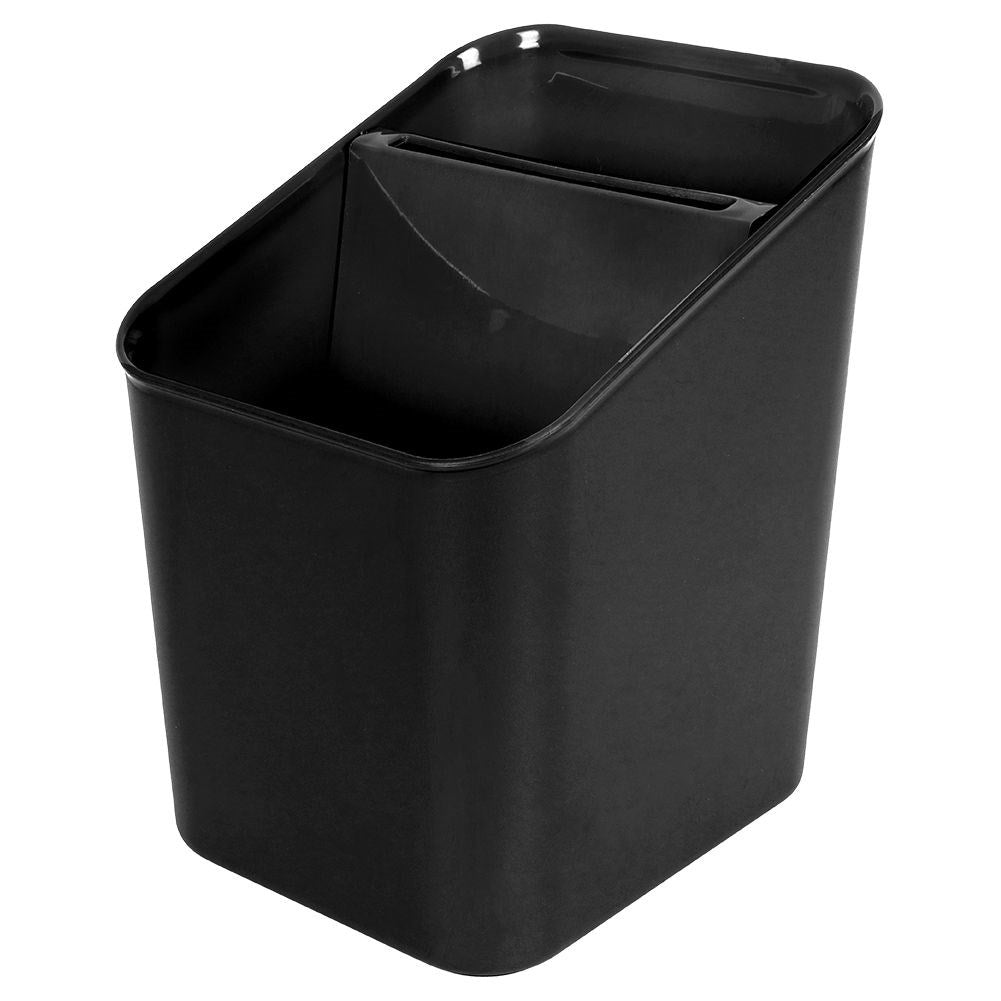 Black plastic container with two compartments for cutlery storage