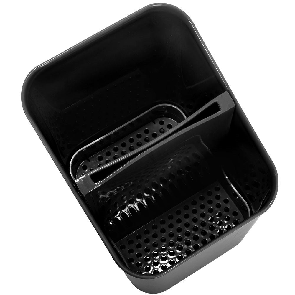 Black plastic container with two compartments for cutlery storage