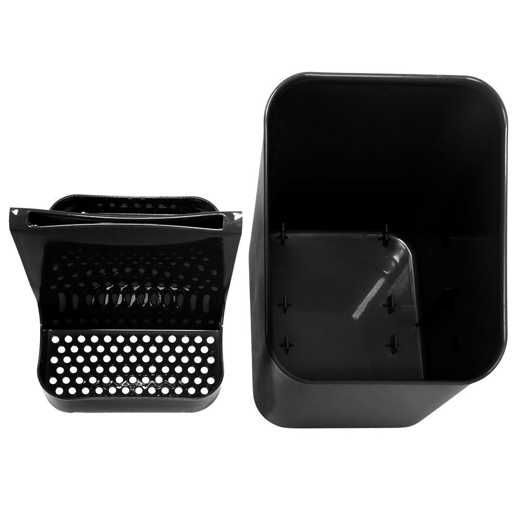 Black plastic container with two compartments for cutlery storage