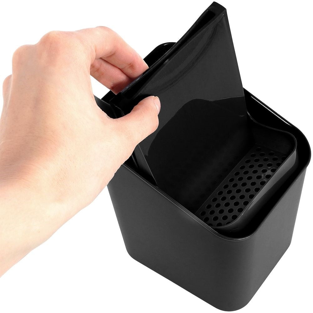 Black plastic container with two compartments for cutlery storage